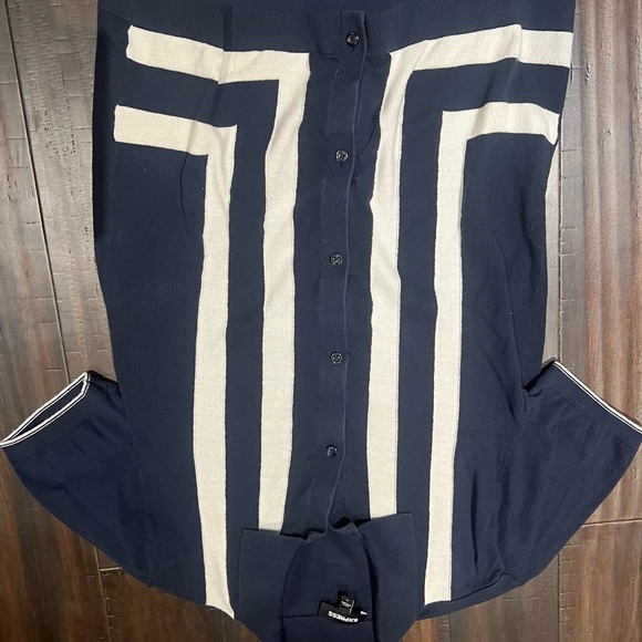 Navy Striped Express Knit Button Up Polo - Picture 2 of 4